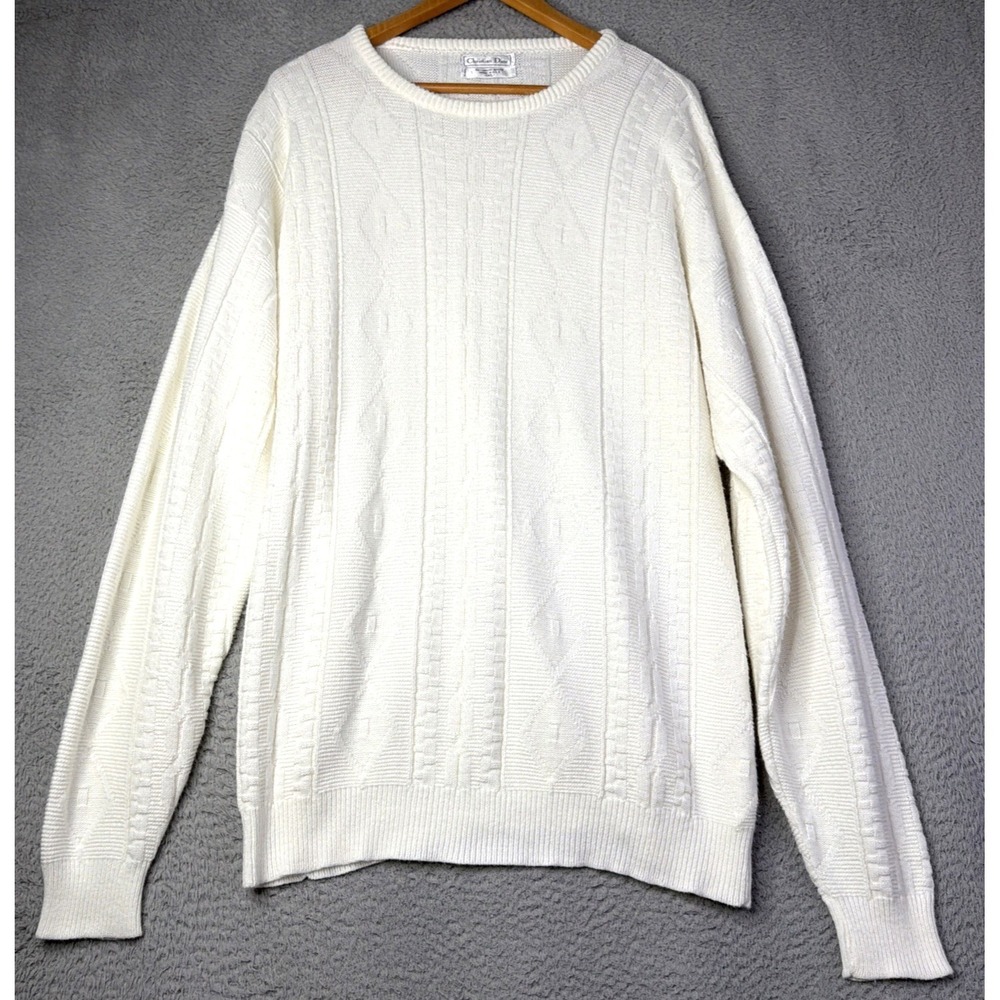 Vintage Christian Dior Sweater Mens XL Ivory Longsleeve Crewneck Made USA